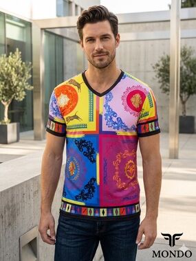 MONDO Baroque Tiger Print Multicolor Patchwork V-Neck Short Sleeve Shirt